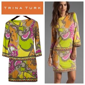 Trina Turk Dusk Floral Shift Dress Sz 0 Small Liquid Knit Stretch Vibrant Artsy